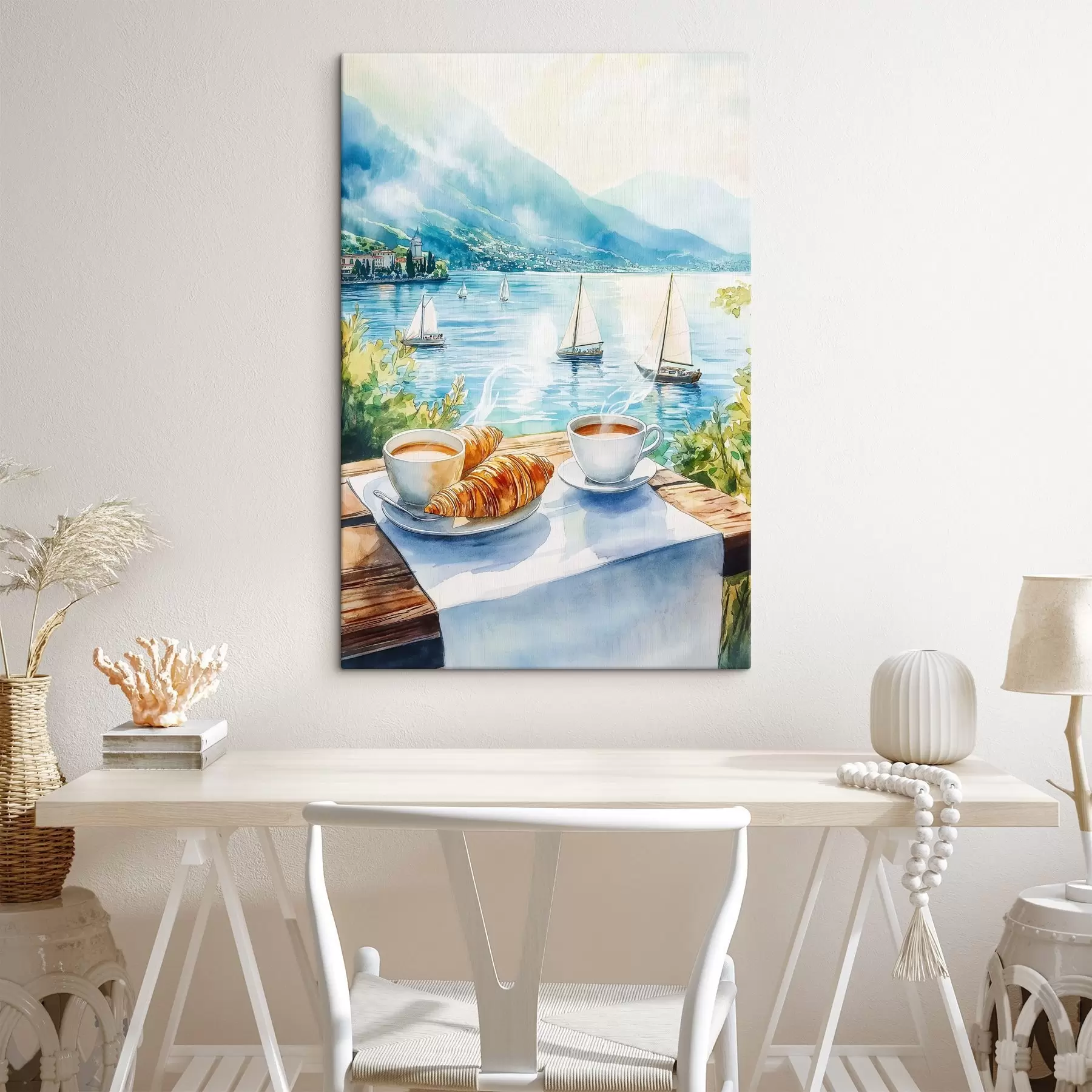 murales de pared Lago de verano con veleros, tazas de café, croissants, estilo acuarela s42441