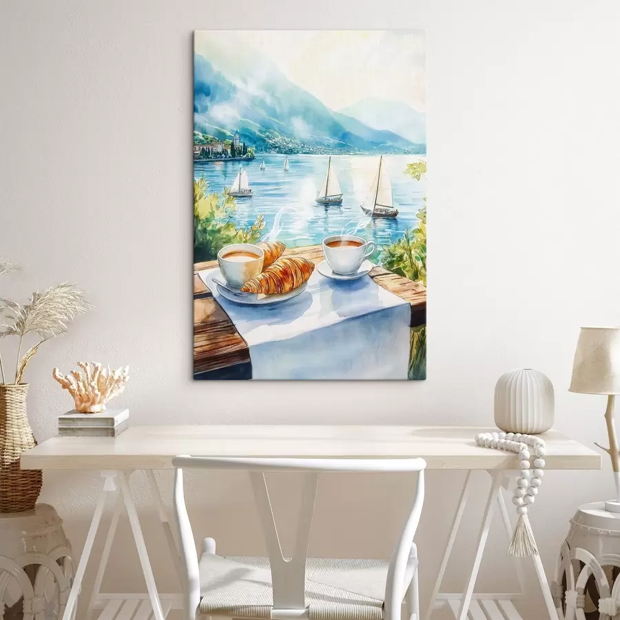 murales de pared Lago de verano con veleros, tazas de café, croissants, estilo acuarela s42441