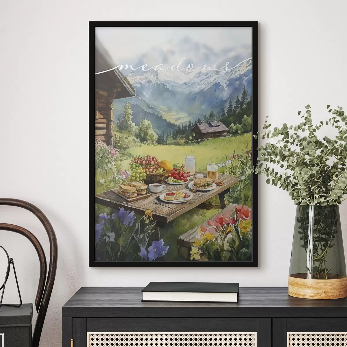 Poster Paisajes de montaña, pradera de verano, casas de madera, desayuno f42425