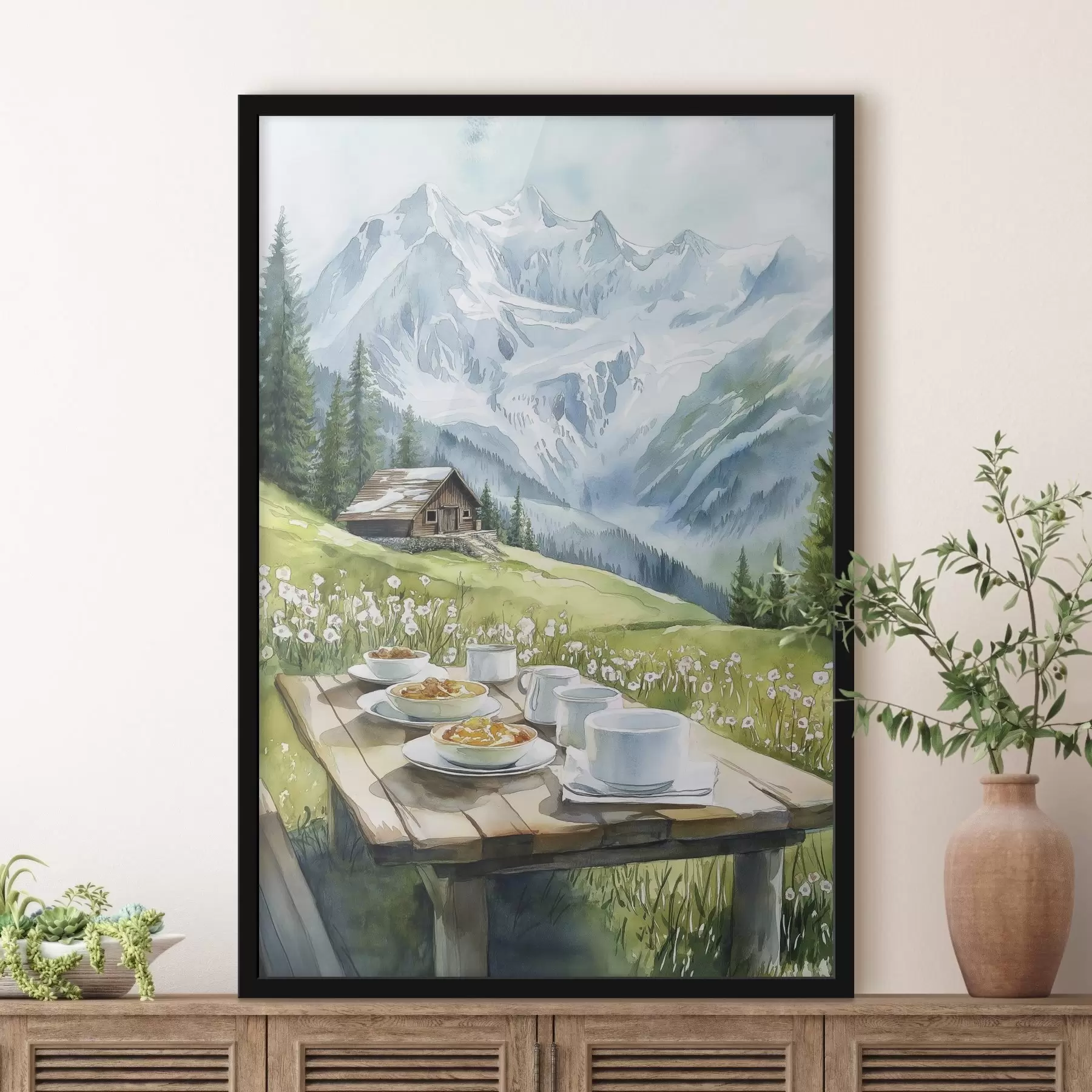 murales de pared Desayuno en los Alpes, montañas, bosque, naturaleza, verano, estilo acuarela f42426
