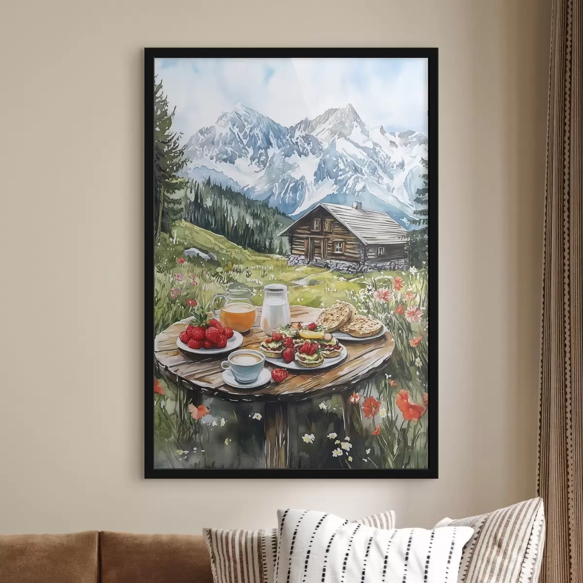 Poster Hermosos paisajes de verano con montañas, bosques y flores, desayuno, estilo acuarela f42427