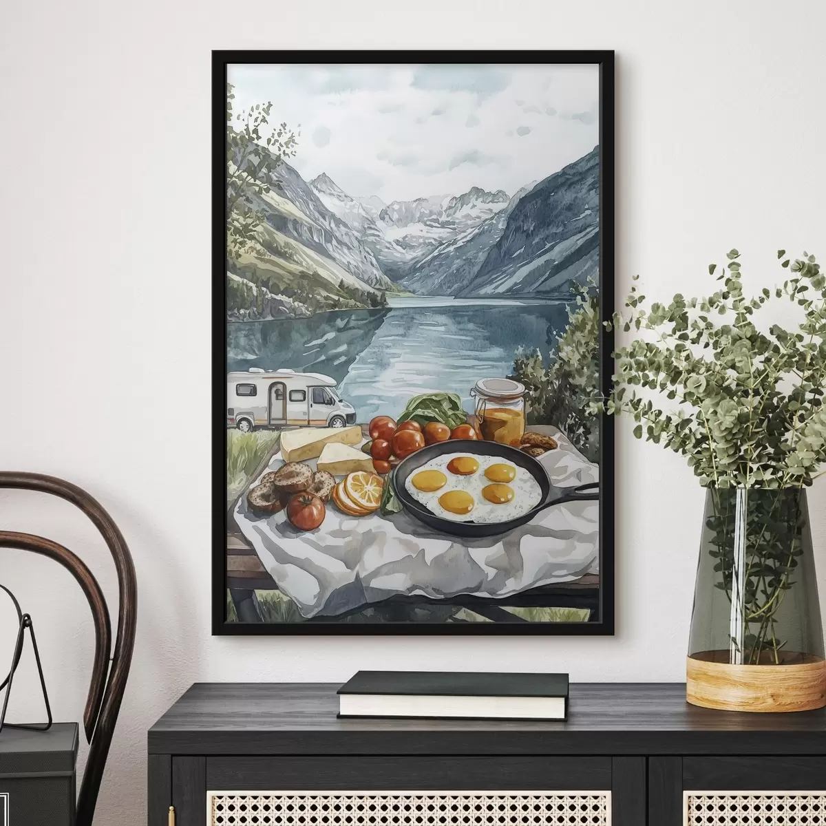 Poster Viajar, paisajes naturales, estilo acuarela, Noruega, desayuno, furgoneta f42431