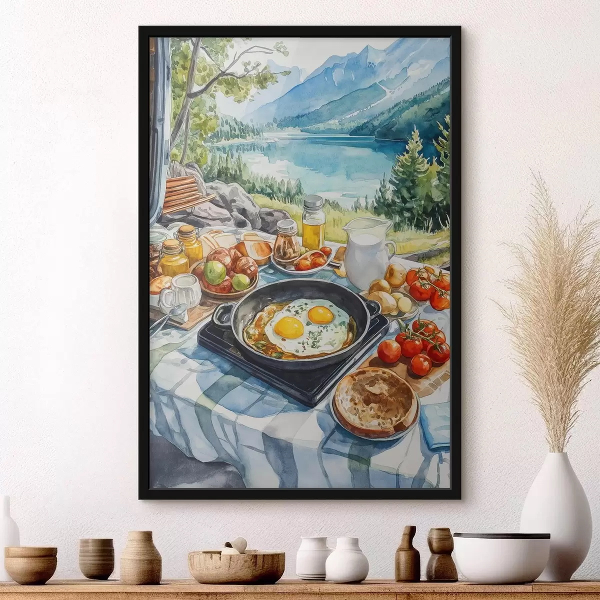 Poster Estético desayuno cerca del lago, estilo acuarela f42432