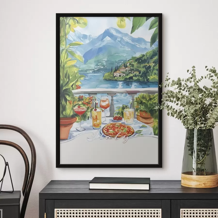 murales de pared Estética italiana, estilo acuarela, pizza y cócteles, montañas f42434