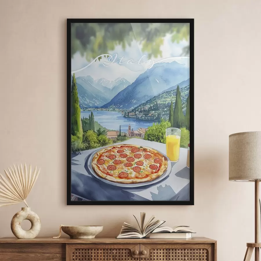 murales de pared Estilo acuarela, Italia, pizza, ciudad antigua, paisaje montañoso f42435