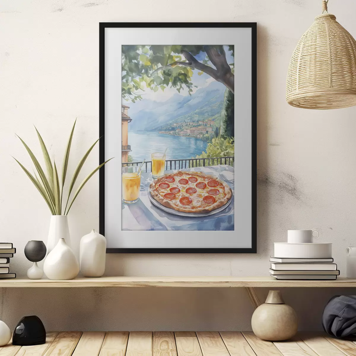 Poster Brunch en Italia, estilo acuarela, pizza margarita, lago, naturaleza de verano f42436