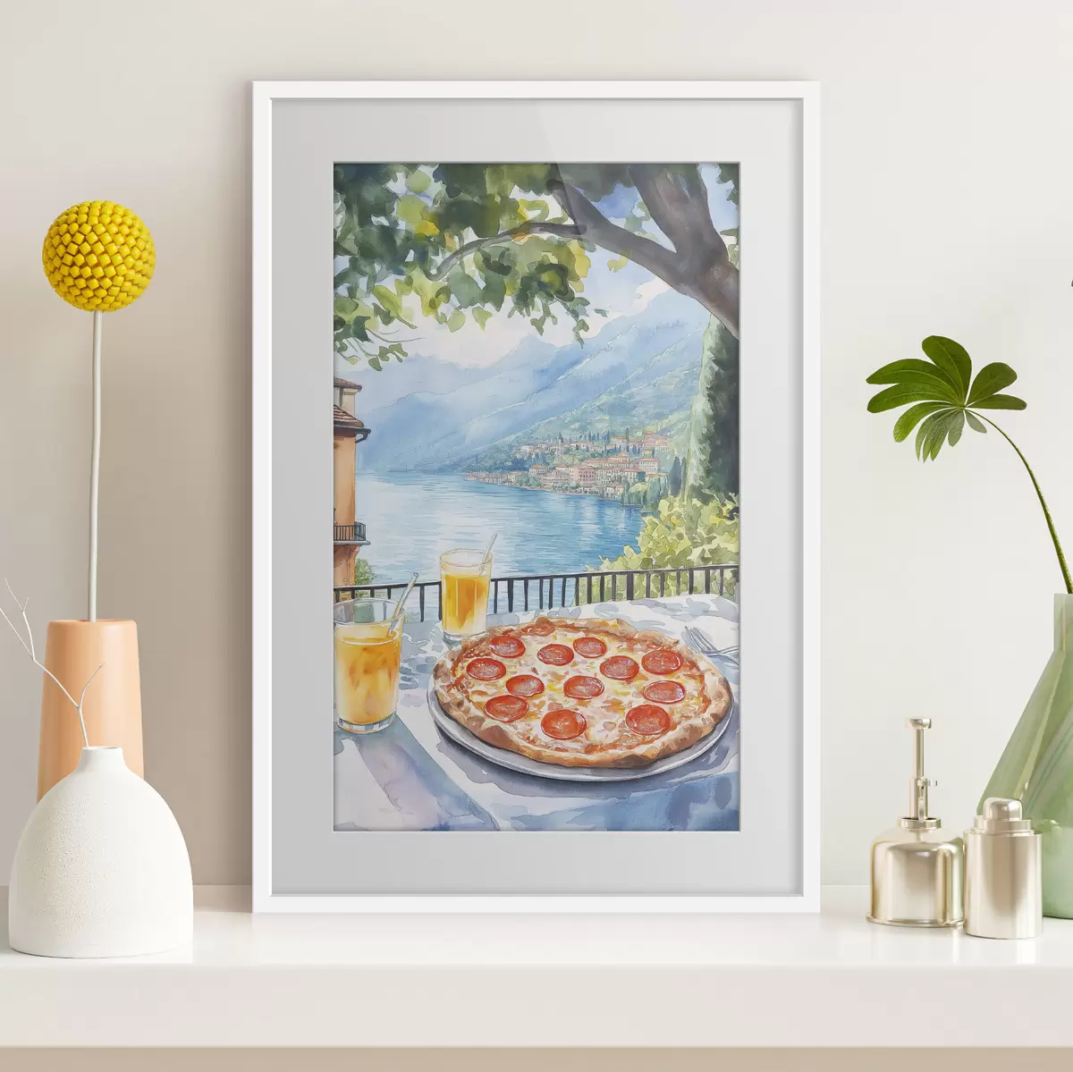 Poster Brunch en Italia, estilo acuarela, pizza margarita, lago, naturaleza de verano f42436