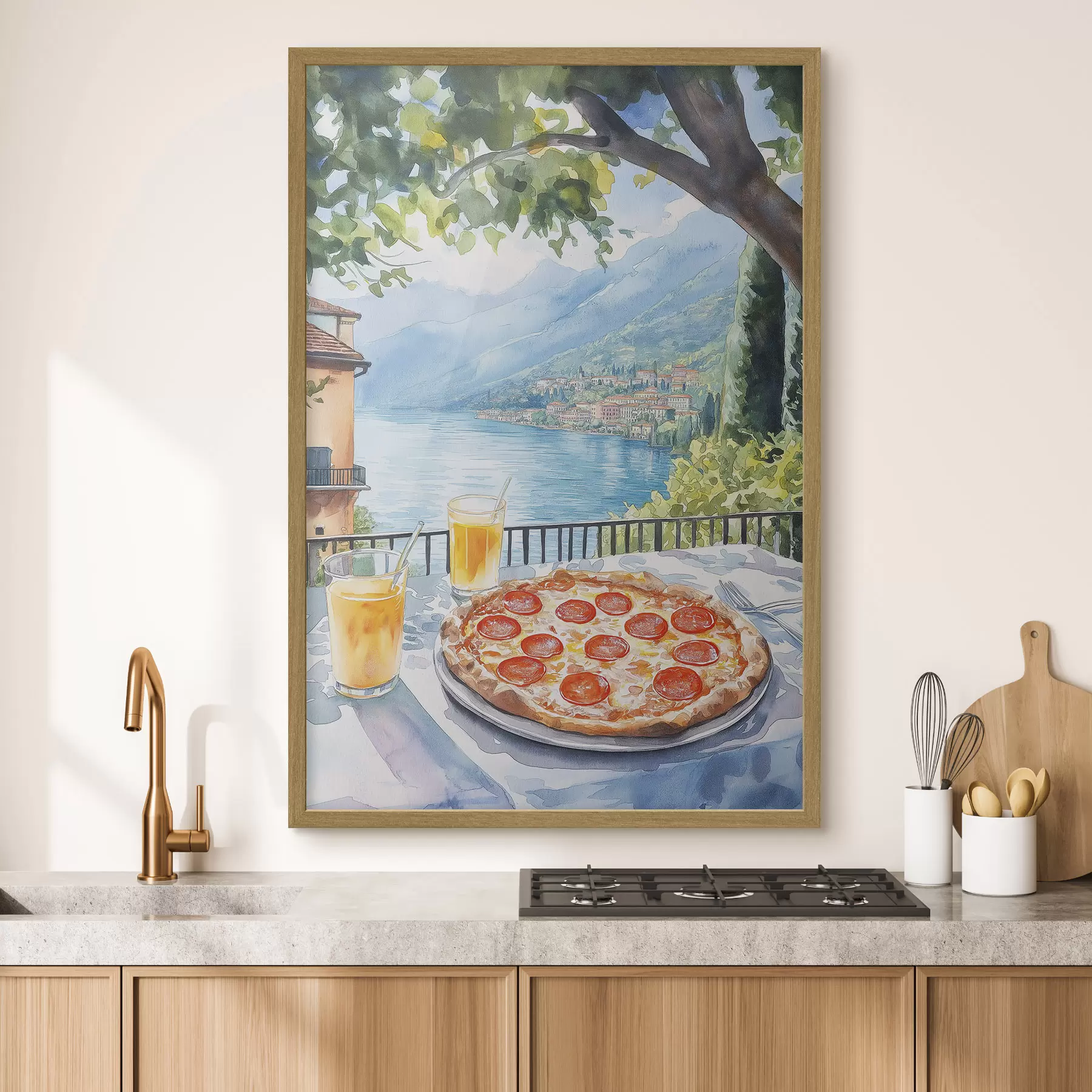 murales de pared Brunch en Italia, estilo acuarela, pizza margarita, lago, naturaleza de verano f42436