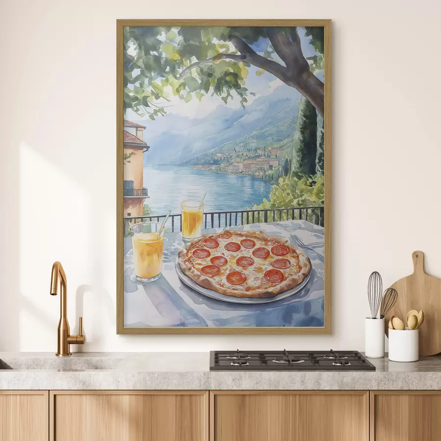 murales de pared Brunch en Italia, estilo acuarela, pizza margarita, lago, naturaleza de verano f42436