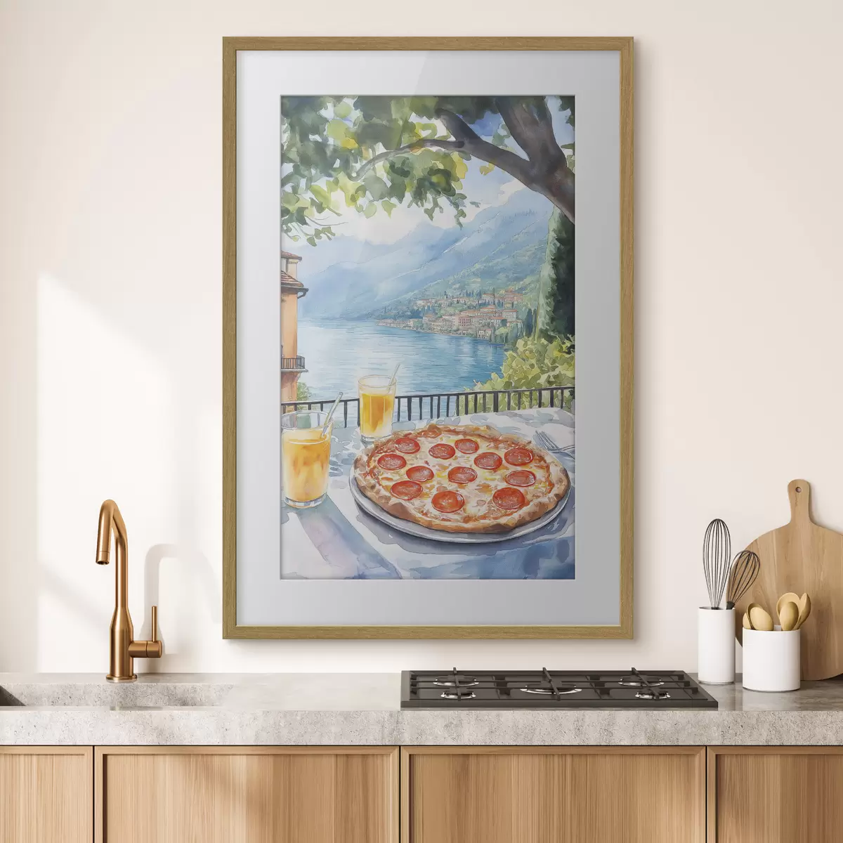 Poster Brunch en Italia, estilo acuarela, pizza margarita, lago, naturaleza de verano f42436