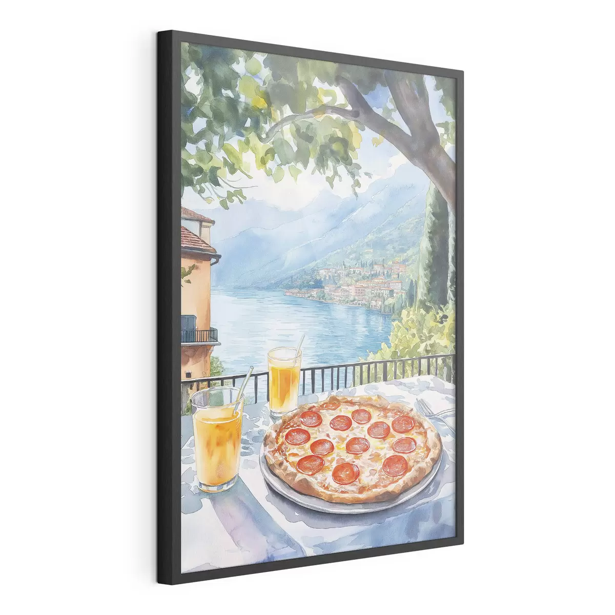 Poster Brunch en Italia, estilo acuarela, pizza margarita, lago, naturaleza de verano f42436