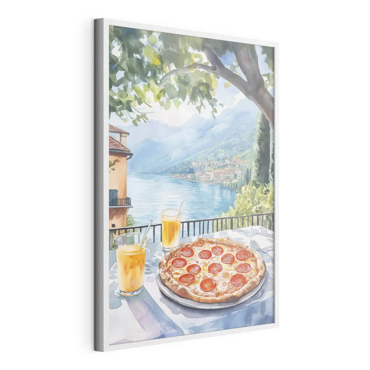 Poster Brunch en Italia, estilo acuarela, pizza margarita, lago, naturaleza de verano f42436