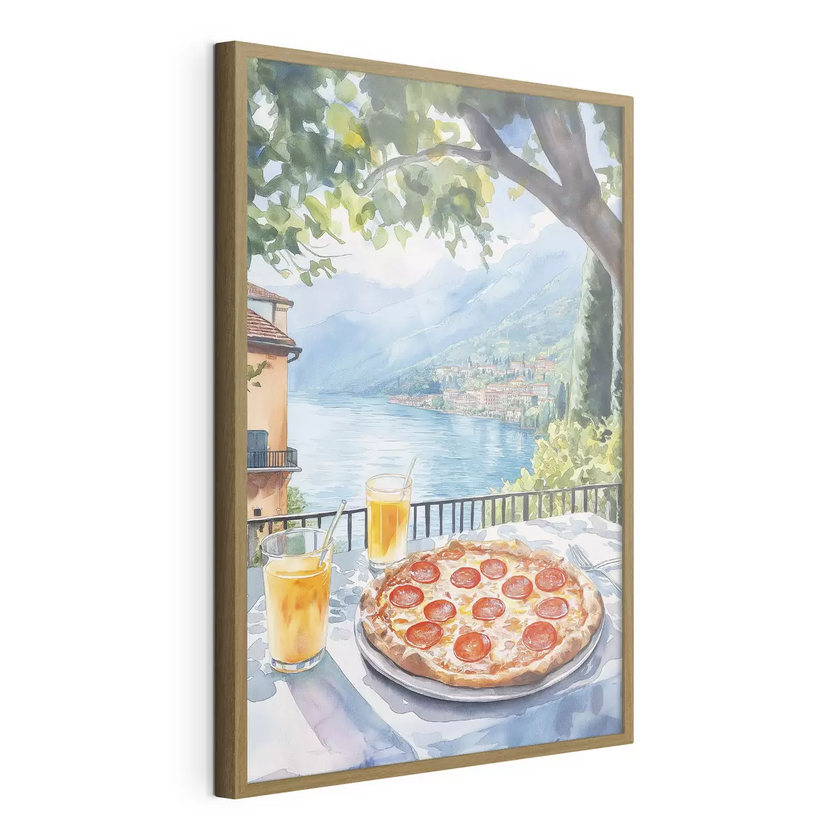 Poster Brunch en Italia, estilo acuarela, pizza margarita, lago, naturaleza de verano f42436