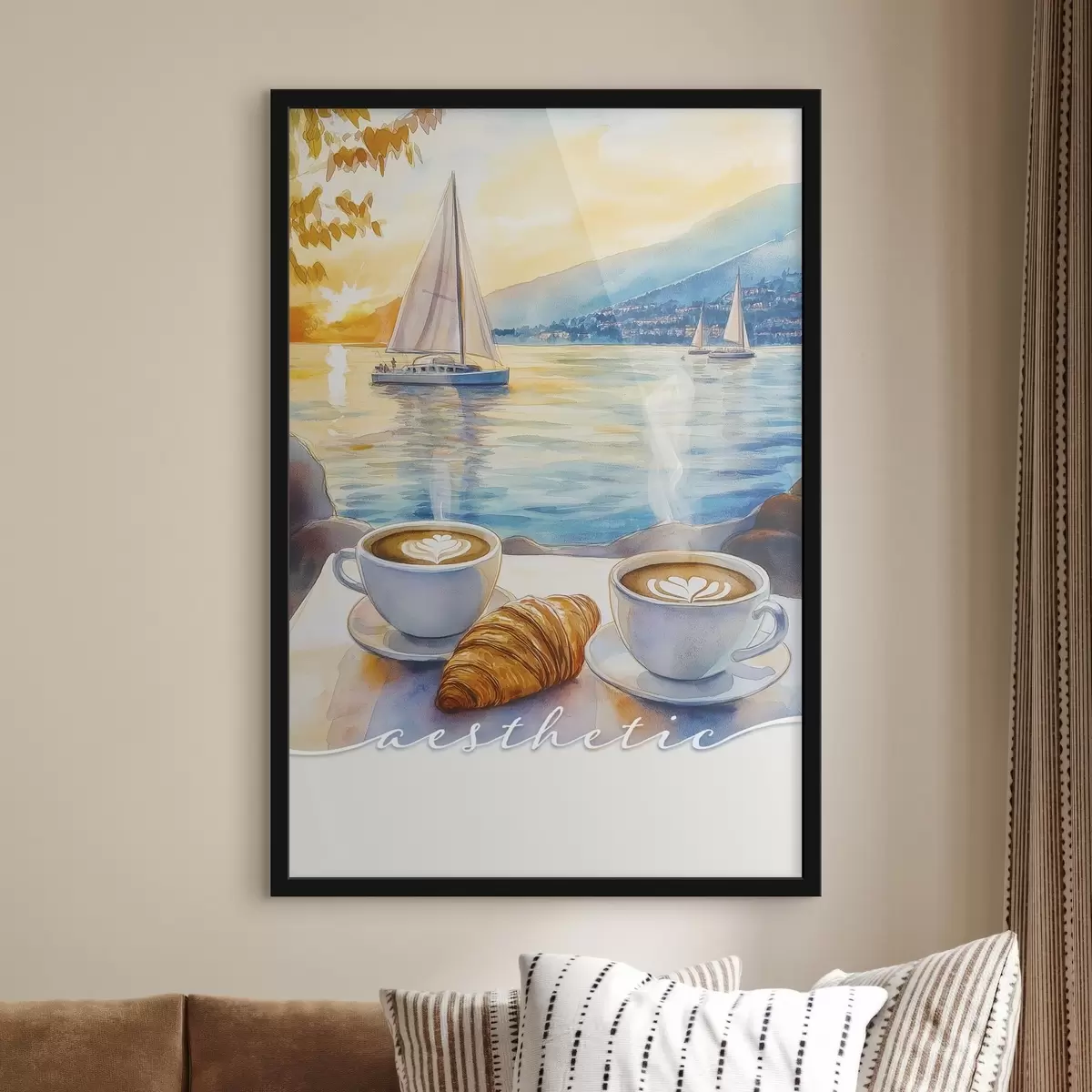 Poster Dos tazas de capuchino, estilo acuarela, puesta de sol en el mar, veleros, vocación f42438