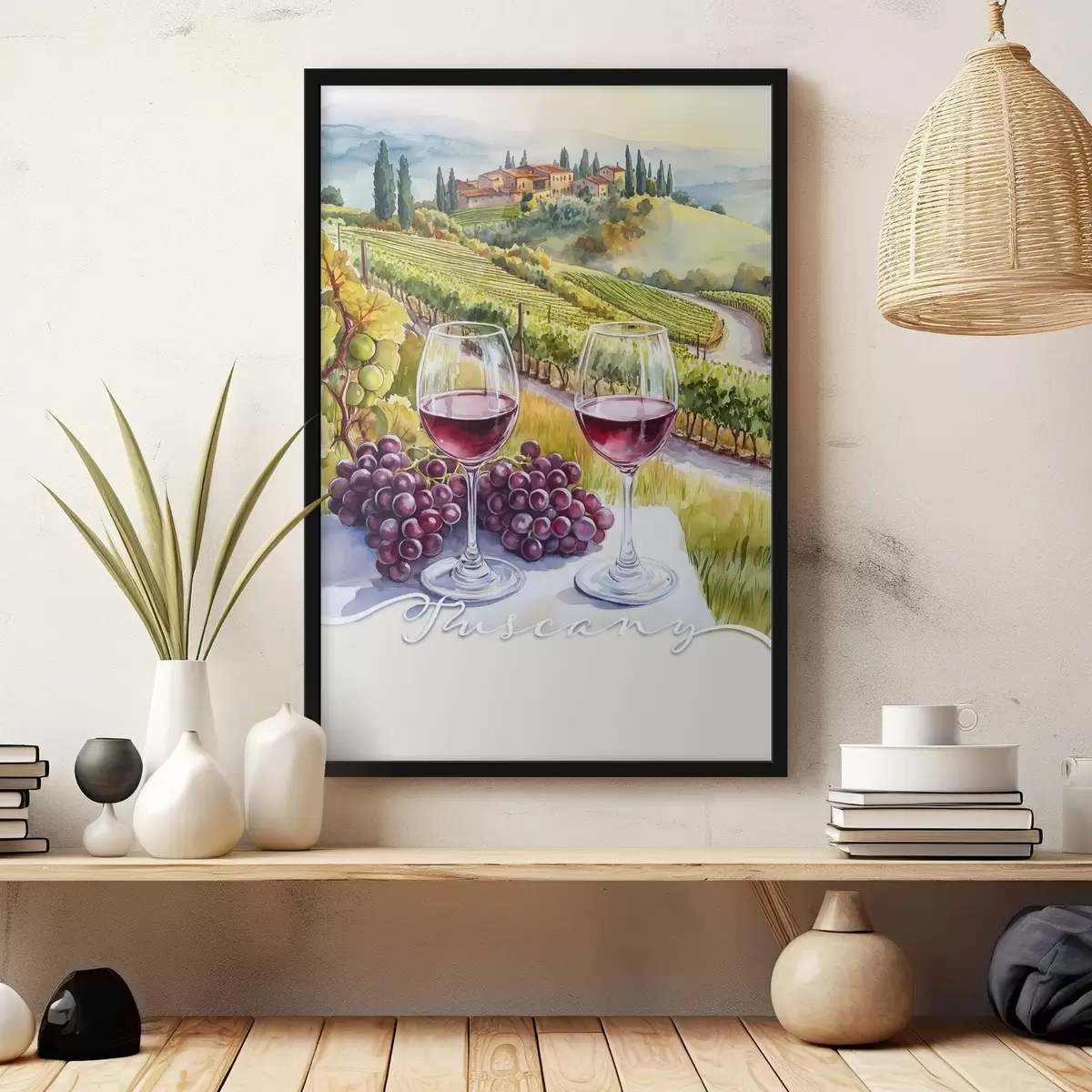 Poster Paisajes de la Toscana, estilo acuarela, copas de vino, uvas, puesta de sol f42439