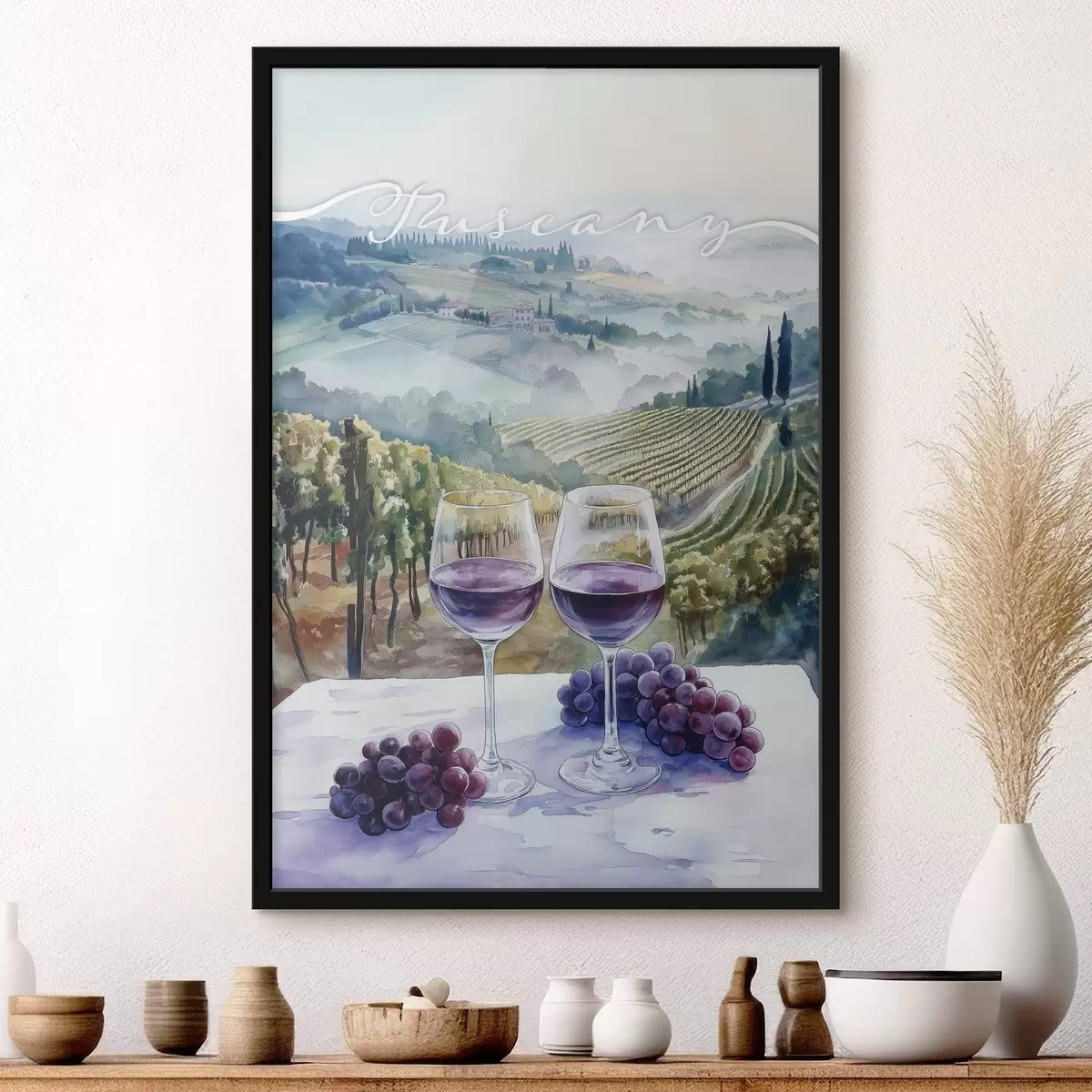 Poster Paisajes de la Toscana en estilo acuarela, patios de vino, uvas f42440