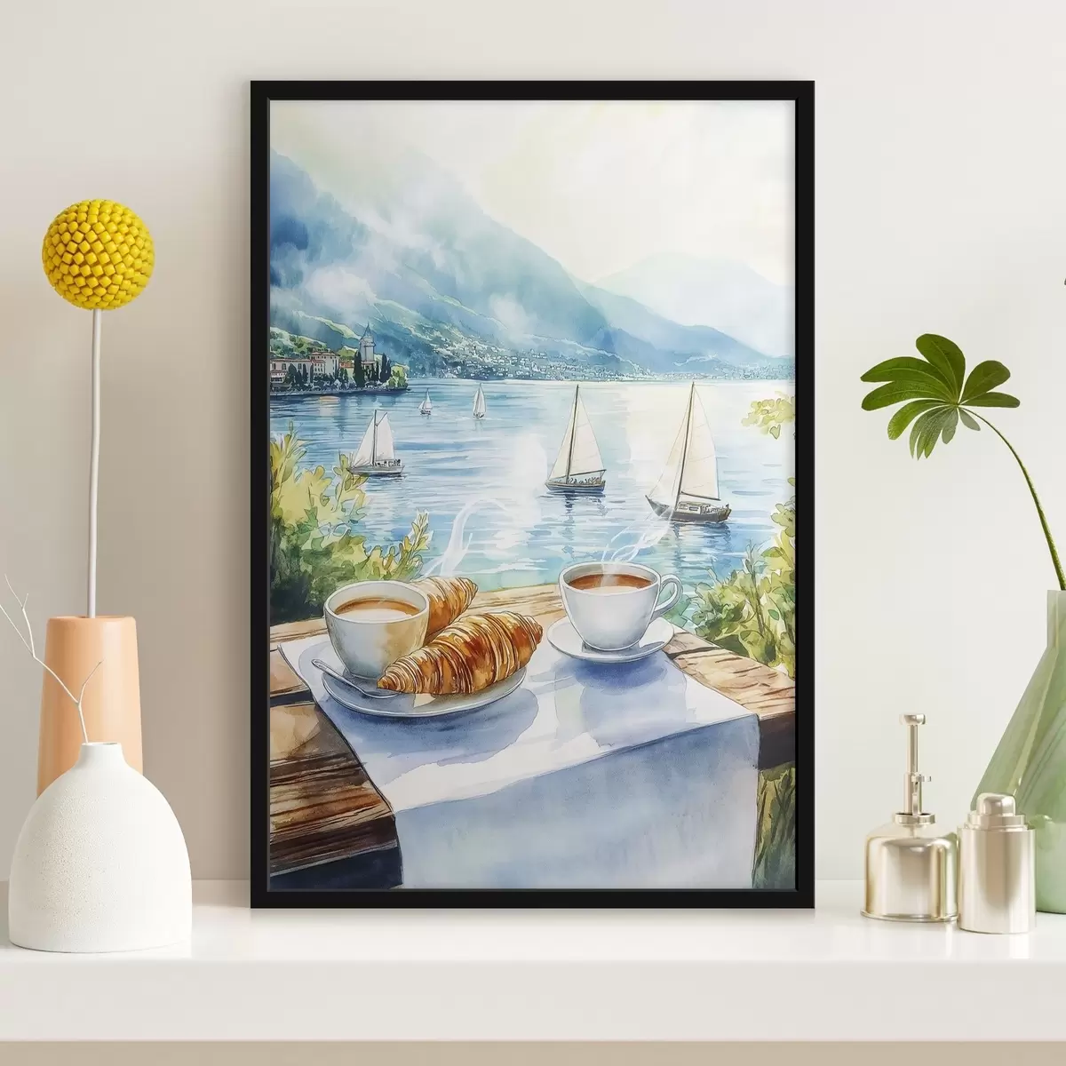 Poster Lago de verano con veleros, tazas de café, croissants, estilo acuarela f42441