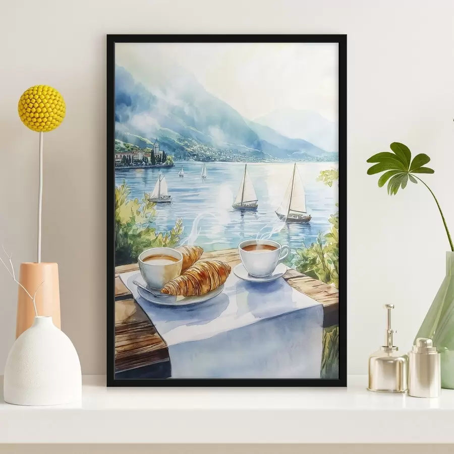 murales de pared Lago de verano con veleros, tazas de café, croissants, estilo acuarela f42441