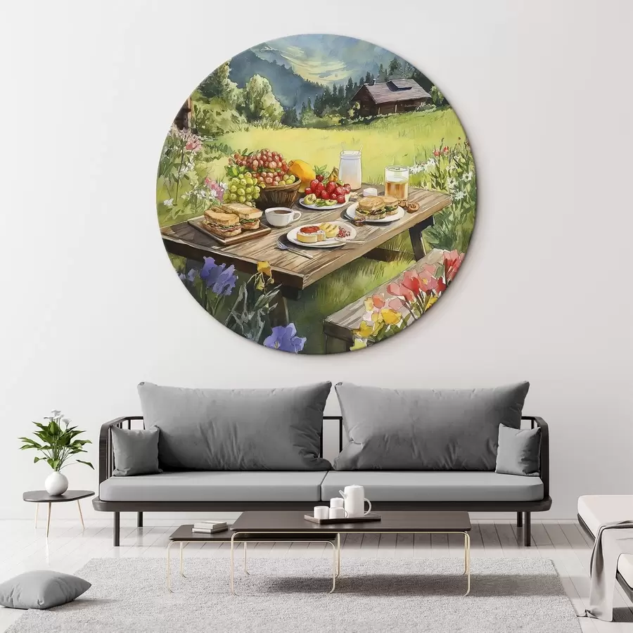 murales de pared Paisajes de montaña, pradera de verano, casas de madera, desayuno r42425