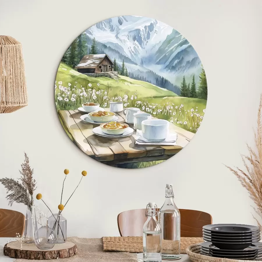 murales de pared Desayuno en los Alpes, montañas, bosque, naturaleza, verano, estilo acuarela r42426