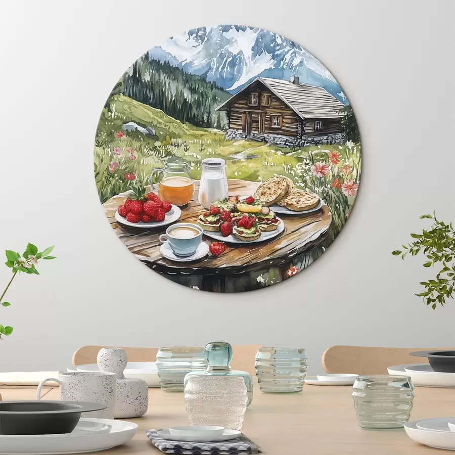 murales de pared Hermosos paisajes de verano con montañas, bosques y flores, desayuno, estilo acuarela r42427