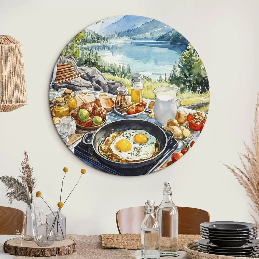murales de pared Estético desayuno cerca del lago, estilo acuarela r42432