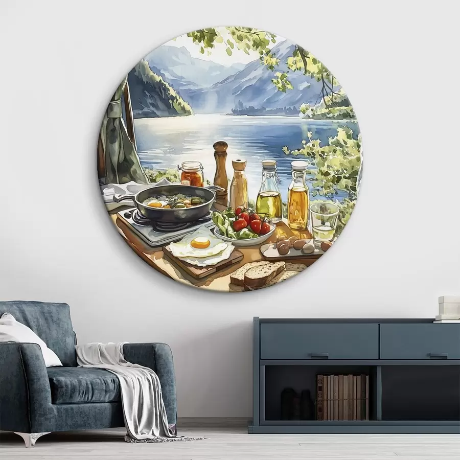 murales de pared Hermosa mañana de verano, lago, estilo acuarela, desayuno, viajar r42433