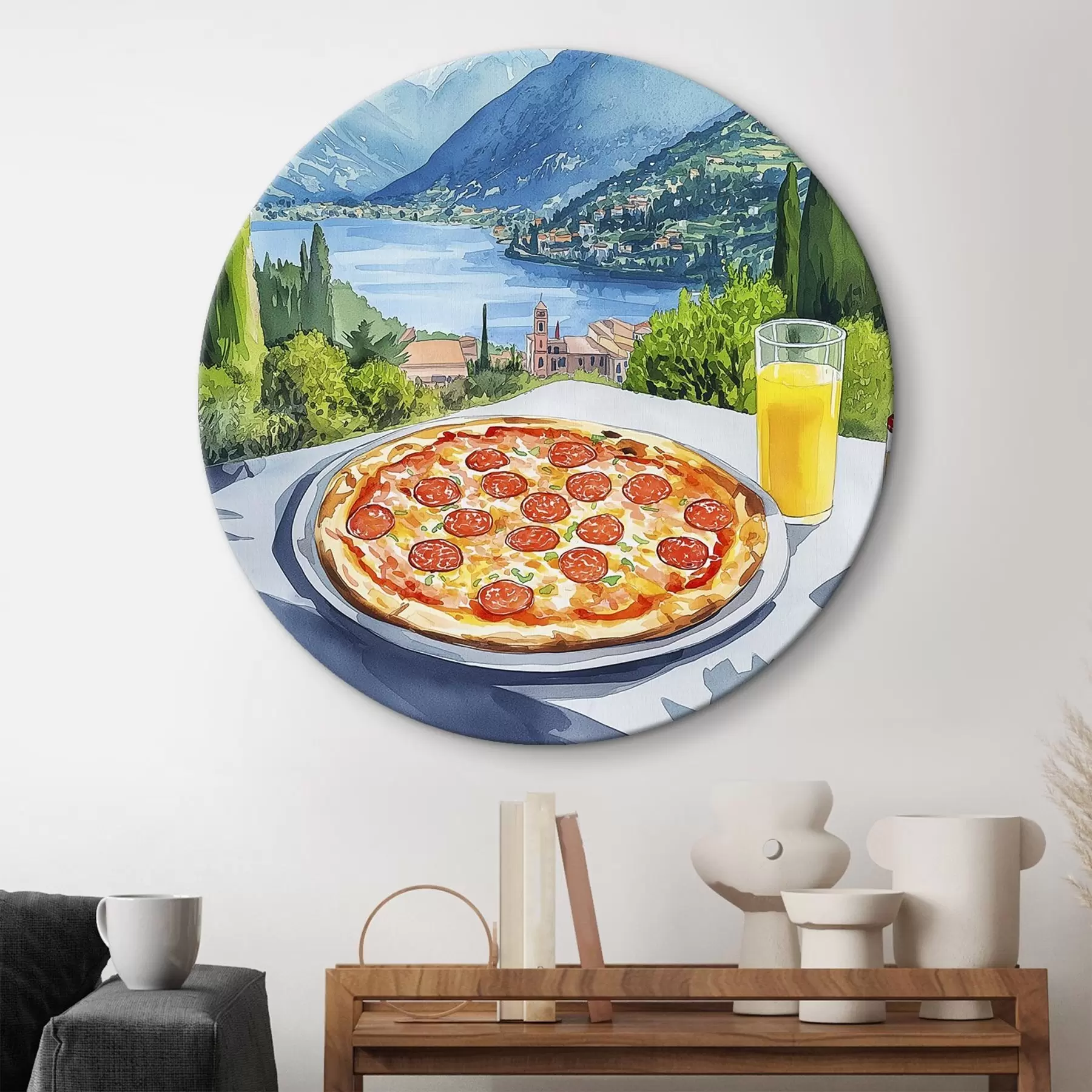 murales de pared Estilo acuarela, Italia, pizza, ciudad antigua, paisaje montañoso r42435