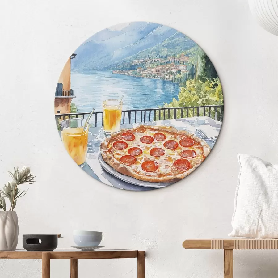 murales de pared Brunch en Italia, estilo acuarela, pizza margarita, lago, naturaleza de verano r42436