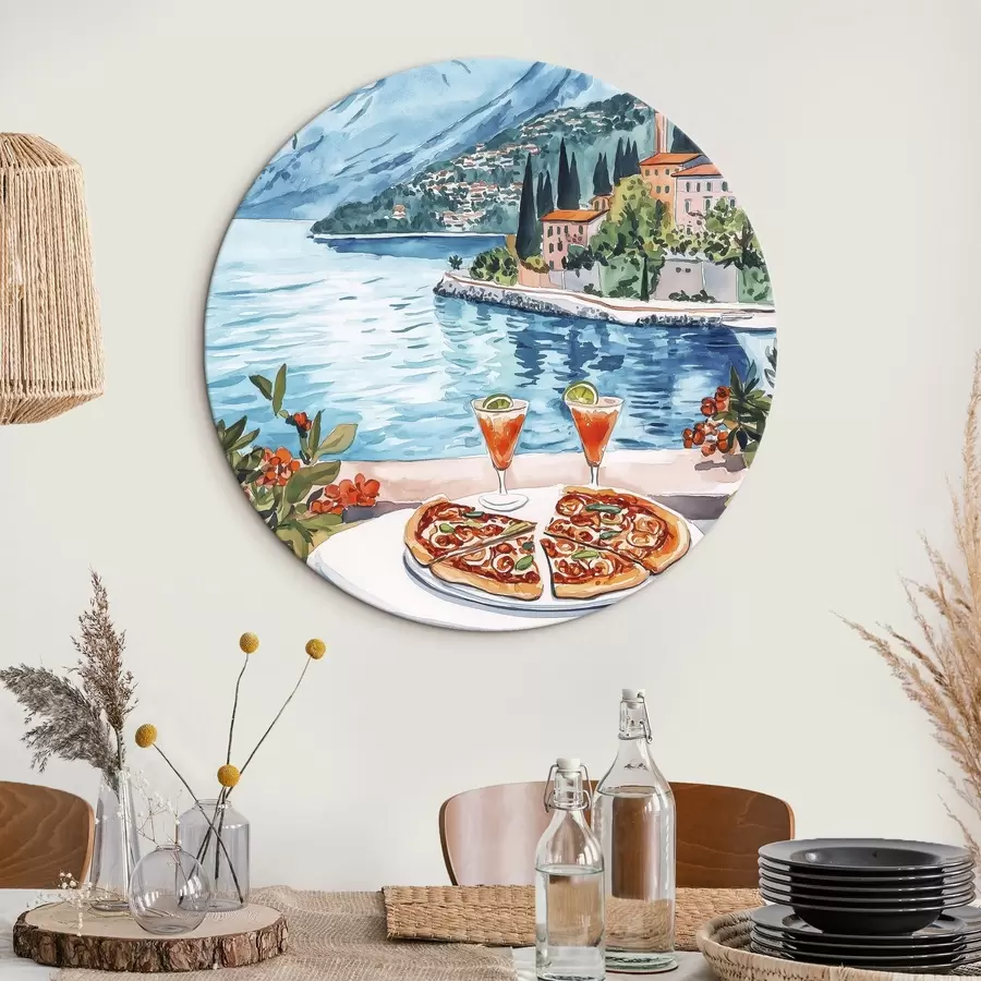murales de pared Lago Como, Italia, estilo acuarela, pizza, cócteles, casco antiguo, montañas r42437