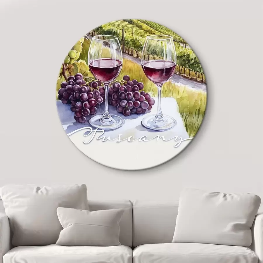 murales de pared Paisajes de la Toscana, estilo acuarela, copas de vino, uvas, puesta de sol r42439