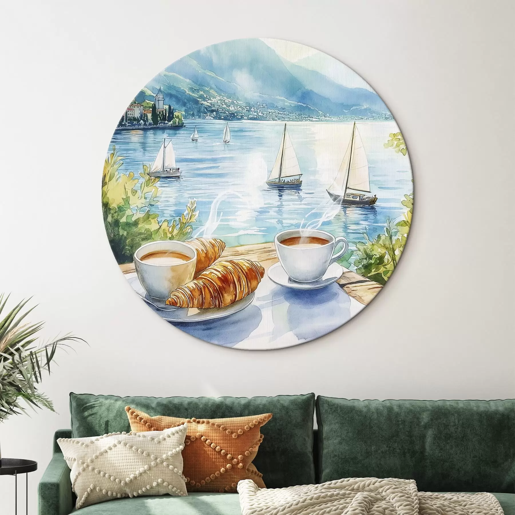 murales de pared Lago de verano con veleros, tazas de café, croissants, estilo acuarela r42441