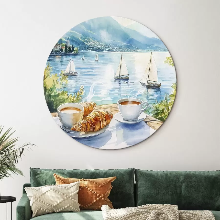 murales de pared Lago de verano con veleros, tazas de café, croissants, estilo acuarela r42441