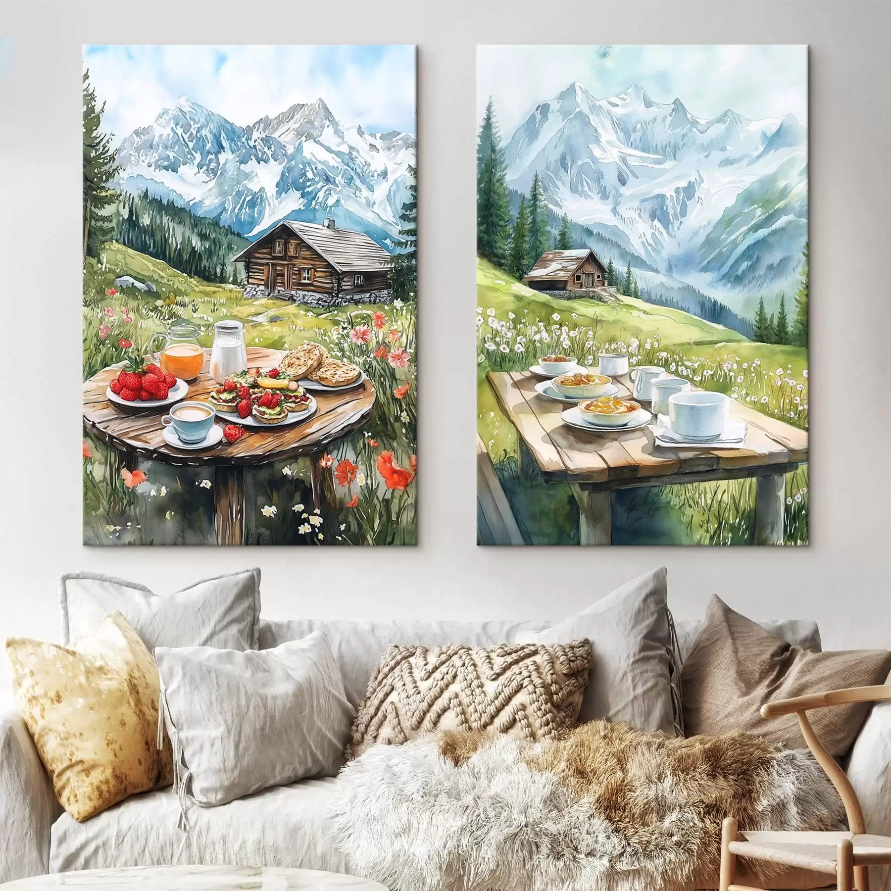 murales de pared Los Alpes, hermosos paisajes de montaña, desayunos estéticos, casas de madera m00403