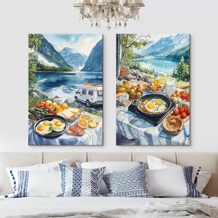 murales de pared Desayuno en la naturaleza, viajar, vida al aire libre, estilo acuarela, Noruega m00404