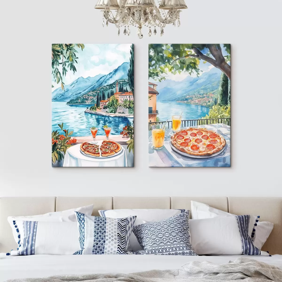 murales de pared Lago Como, brunch en Italia, estilo acuarela, pizza margarita, naturaleza de verano m00406