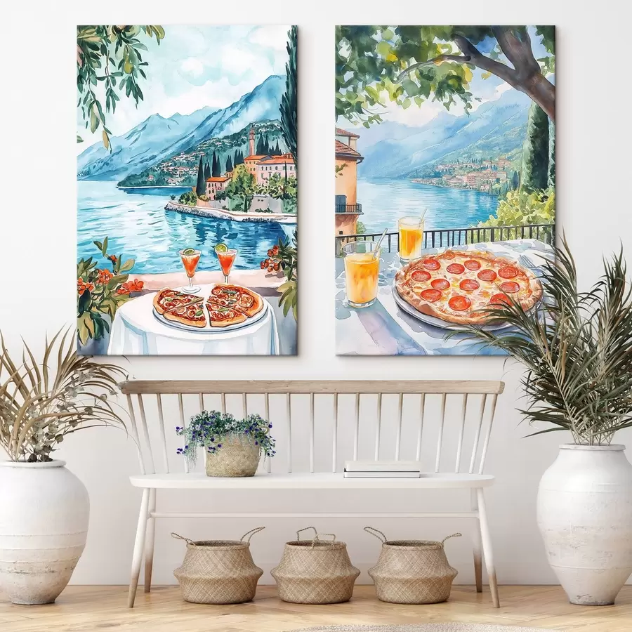 murales de pared Lago Como, brunch en Italia, estilo acuarela, pizza margarita, naturaleza de verano m00406