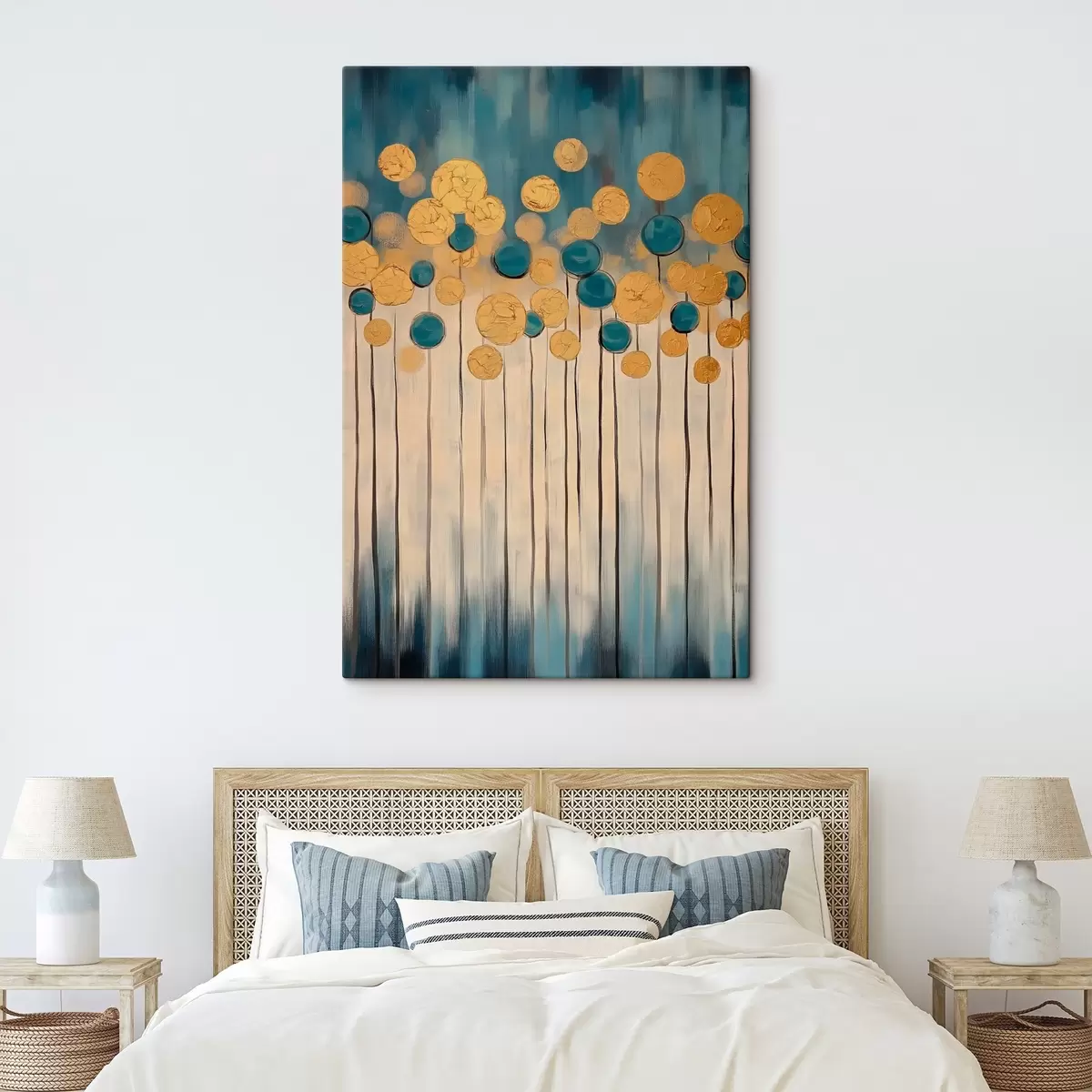 murales de pared Abstracción decorativa con elementos redondos sobre fondo azul y beige s42476