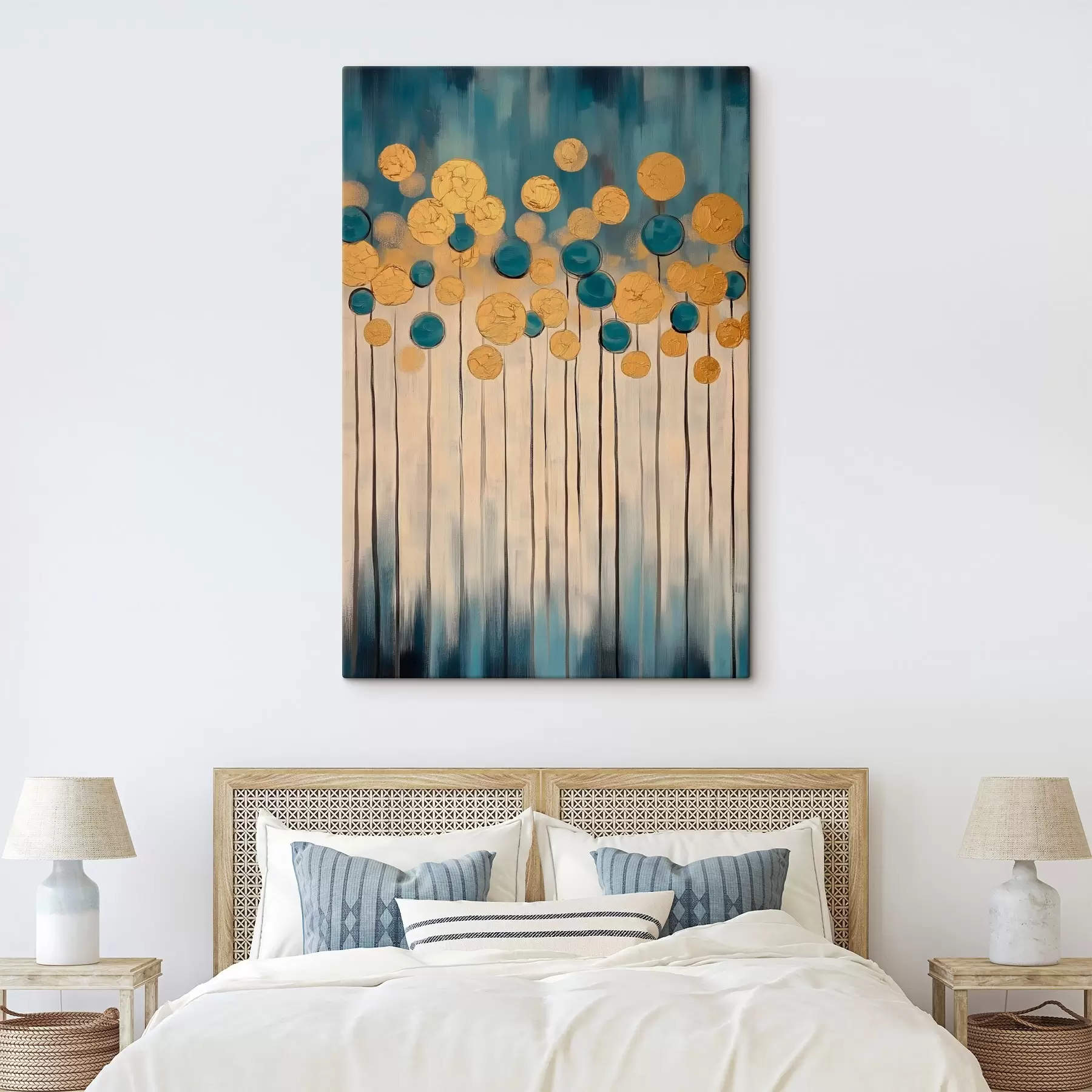 murales de pared Abstracción decorativa con elementos redondos sobre fondo azul y beige s42476