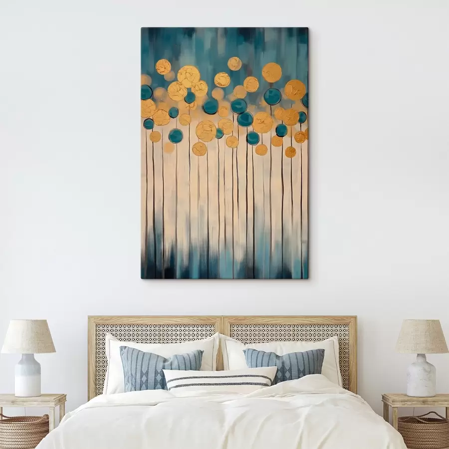 murales de pared Abstracción decorativa con elementos redondos sobre fondo azul y beige s42476