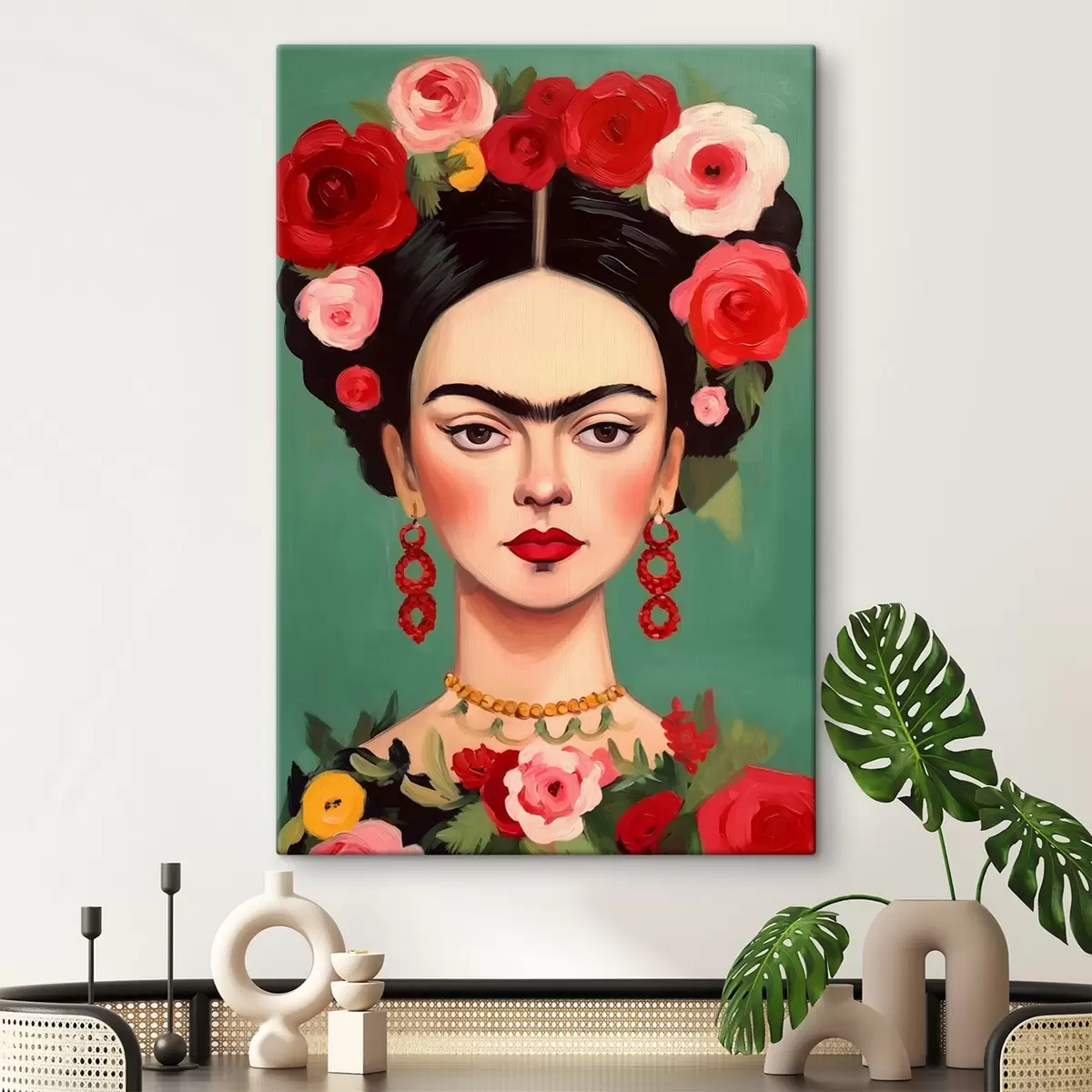 murales de pared Retrato de Frida con una corona de flores sobre fondo verde s42485
