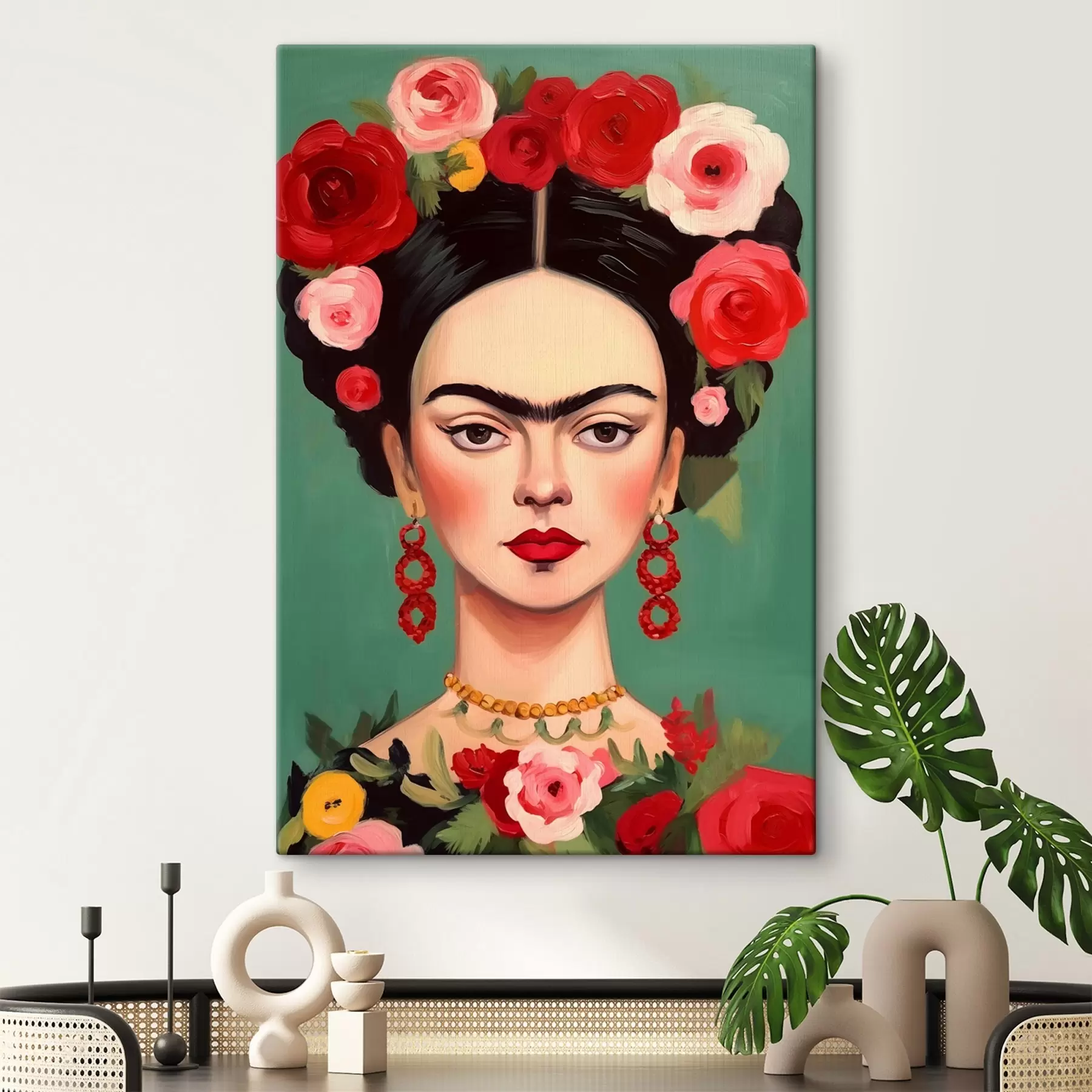 murales de pared Retrato de Frida con una corona de flores sobre fondo verde s42485