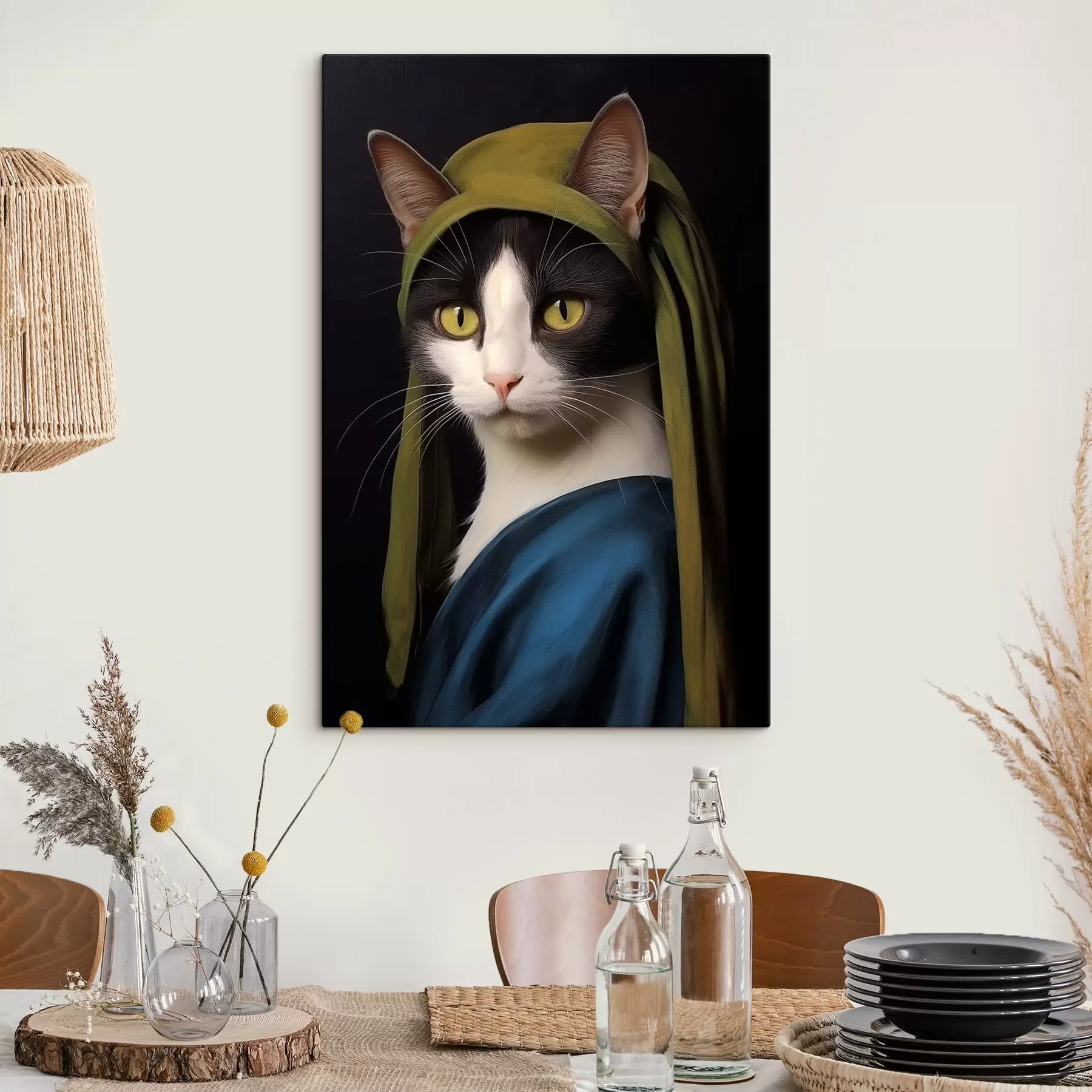 murales de pared Gato en estilo retrato con pendiente de perla s42486