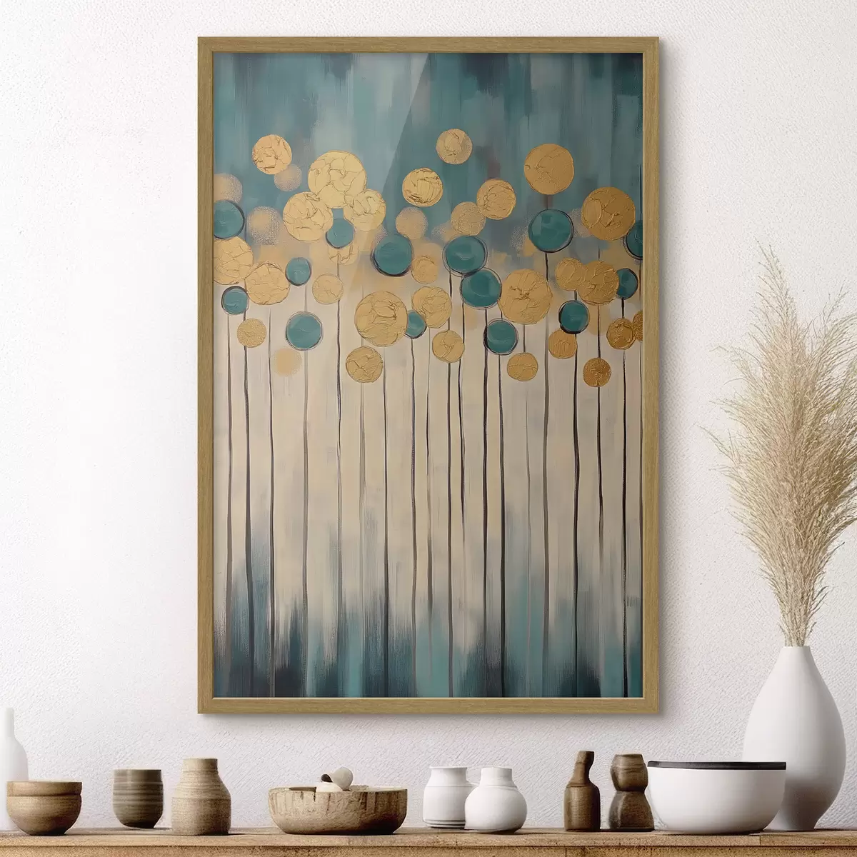 Poster Abstracción decorativa con elementos redondos sobre fondo azul y beige f42476