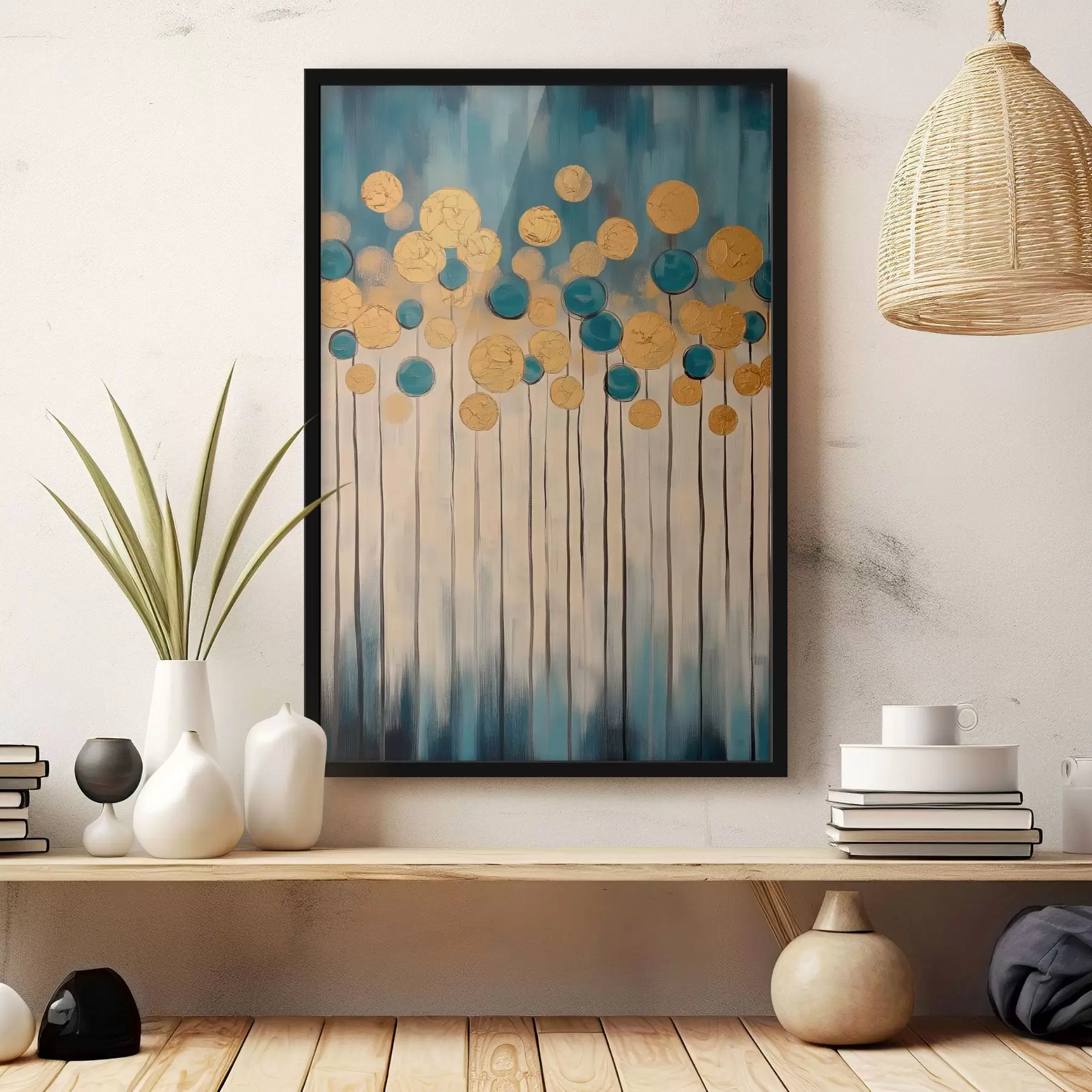 murales de pared Abstracción decorativa con elementos redondos sobre fondo azul y beige f42476