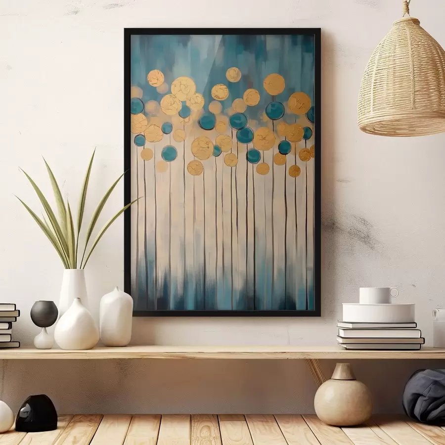 murales de pared Abstracción decorativa con elementos redondos sobre fondo azul y beige f42476