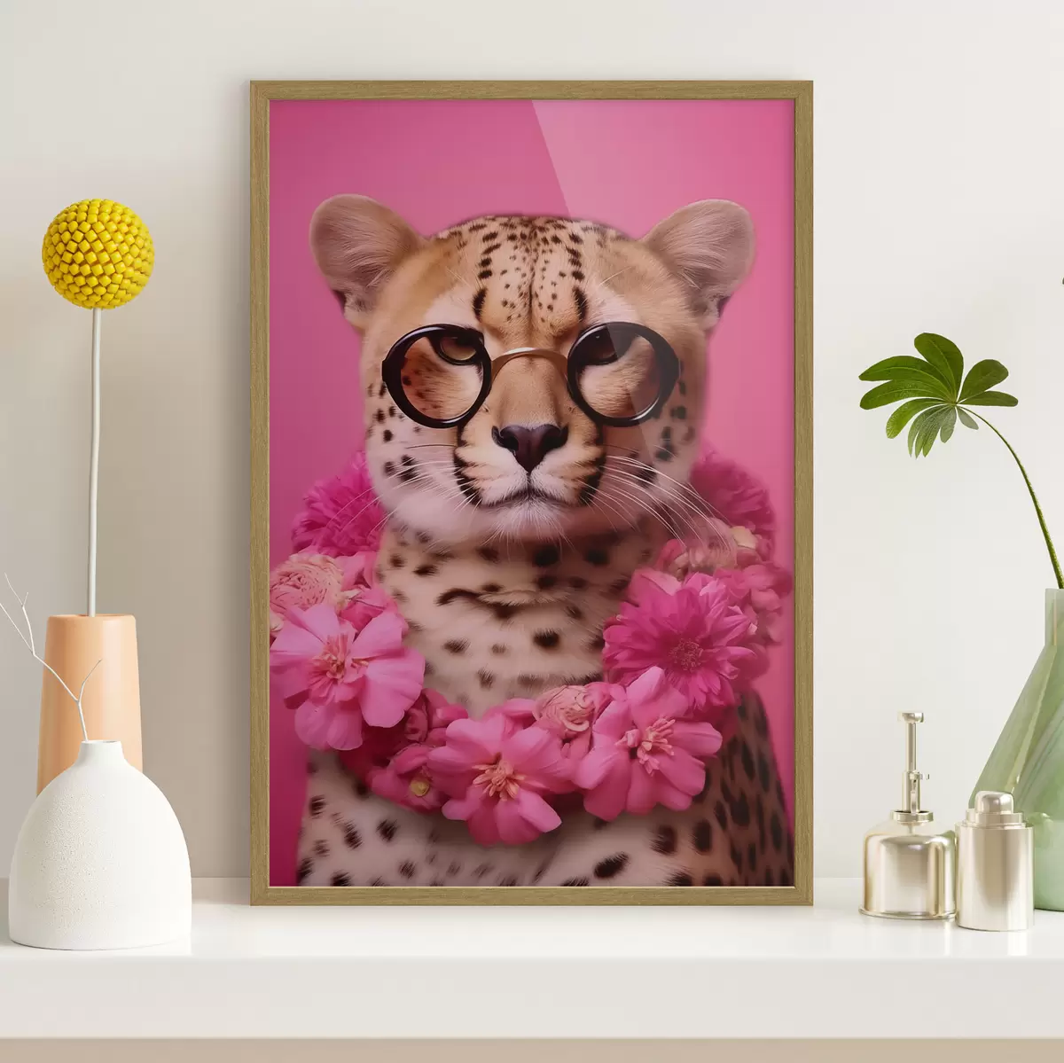 Poster Guepardo en gafas con guirnalda de flores f42477