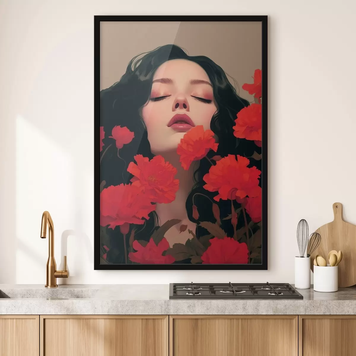 Poster Retrato femenino entre flores rojas f42478