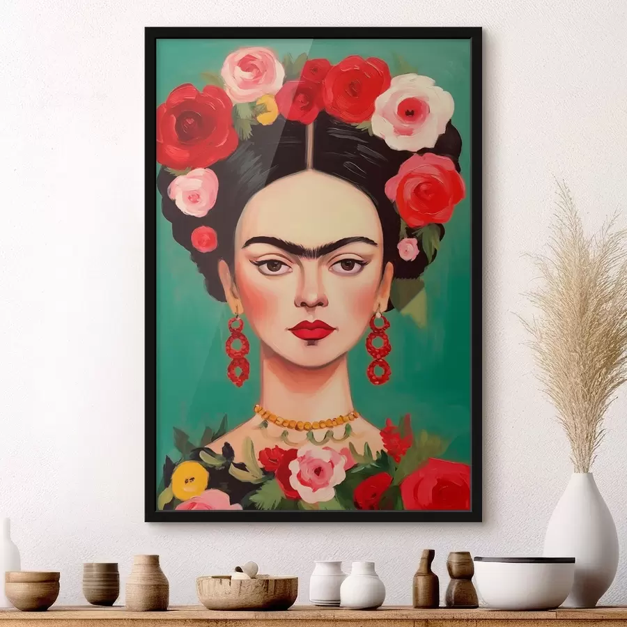 murales de pared Retrato de Frida con una corona de flores sobre fondo verde f42485