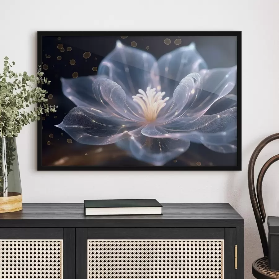 murales de pared Flor clara con pétalos transparentes sobre fondo oscuro f42488